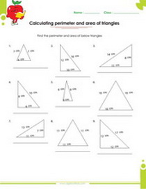 calculating the perimeter and area of isosceles, equilaterals and right triangles worksheet