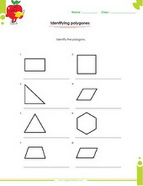 Identifying polygons worksheet, square, rectangle, triangle, trapezoid and more 2D shapes.