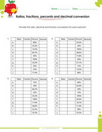 Converting percent to decimal, ratio and fraction worksheet