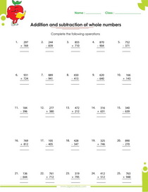 adding whole numbers, subtracting whole numbers worksheet
