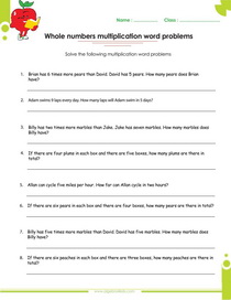 whole numbers multiplication word problems worksheet