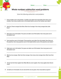 whole number worksheet, word problem on whole numbers subtraction