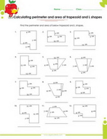 Perimeter of trapezoid and L shapes, area of trapezoid and L shapes.